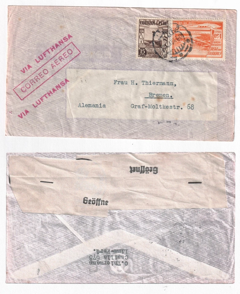 Peru air mail cover WW2 to Bremen Germany VIA LUFTHANSA  censored - Image 1 of 1