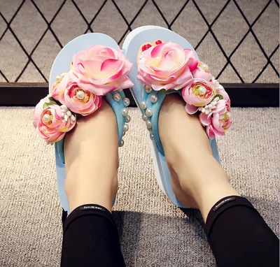 Damas Zapatillas Chanclas Playa Nuevas 3D Flor Cuña Tacón Alto Sandalias Verano Foto 1 de 4