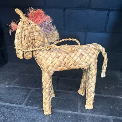 Vintage Mexican Folk Art Rattan Hand Woven Braided Straw Horse Donkey Mule Decor - Image 1 of 4