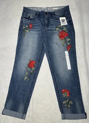 Code Bleu Gracie Bestie Boyfriend Jeans Women’s 12 Embroidered Red Roses - Image 1 of 4