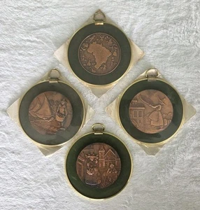 Vintage Cobrarte Copper Art Plagues Set Of 4 Handmade Brazil 4 1/4in Diameter - Picture 1 of 13
