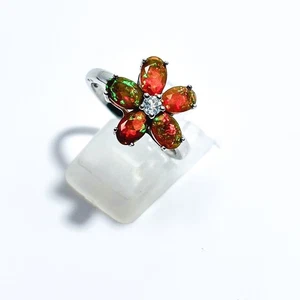 Ethiopian Cheery Red Flower Oval Opal ring Sapphire 925 Silver ring Size P - Picture 1 of 10