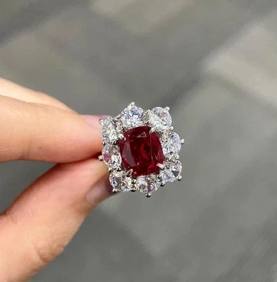 2.10Ct Cushion Cut Red Ruby Lab-Created Halo Women's Ring 14K White Gold Plated - Image 1 of 4