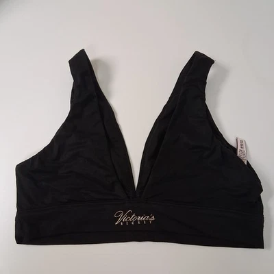 Victoria’s Secret Black Deep V Bralette Medium Wireless Logo Band Soft Stretchy - Image 1 of 4