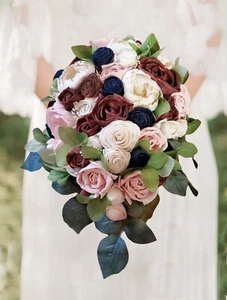 Pink Burgundy Cascade Bridal Bouquet Sola Wood Blush Blue Navy Wedding Flowers - Picture 1 of 4