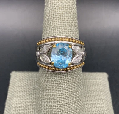 Anillo Floral Dos Tonos Talla 8 Piedra Vidrio Azul Plata Tono Dorado Trabajo Abierto Grueso Foto 1 de 4