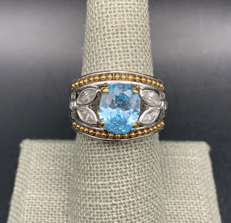 Anillo Floral Dos Tonos Talla 8 Piedra Vidrio Azul Plata Tono Dorado Trabajo Abierto Grueso Foto 1 de 4