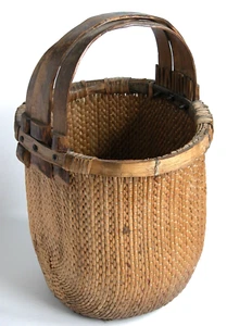 Antique 1900s Chinese Fisherman’s Basket Asian Bent Bamboo Handle Fishing Rice - Picture 1 of 10