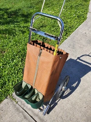 RARE VTG 1950’s Sit N Rest MS-1 Golf Club Bag Rolling Push/Pull Cart Brown/Green - Image 1 of 4
