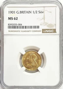 1901 GOLD GREAT BRITAIN 1/2 SOVEREIGN MATURE BUST VICTORIA COIN NGC MS 62 - Picture 1 of 2