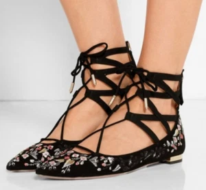AQUAZZURA Belgravia Floral Embroidered Black Suede Lace-Up Flats Sz EU 37.5 - Picture 1 of 9