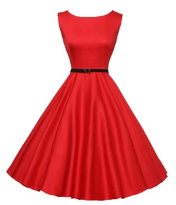 Summer Women's Retro Hepburn Style Waist Swing Skirt Belt Sleeveless Dress - Picture 1 of 15