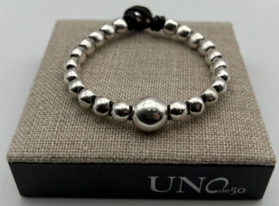 NUEVO Uno de 50 SER INTREPIDA Cuero Chapado en Plata de Ley Pulsera Cuentas Grandes Foto 1 de 4