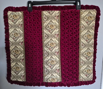 Cranberry colored velvet pillow cover with fabric accents - Image 1 of 4