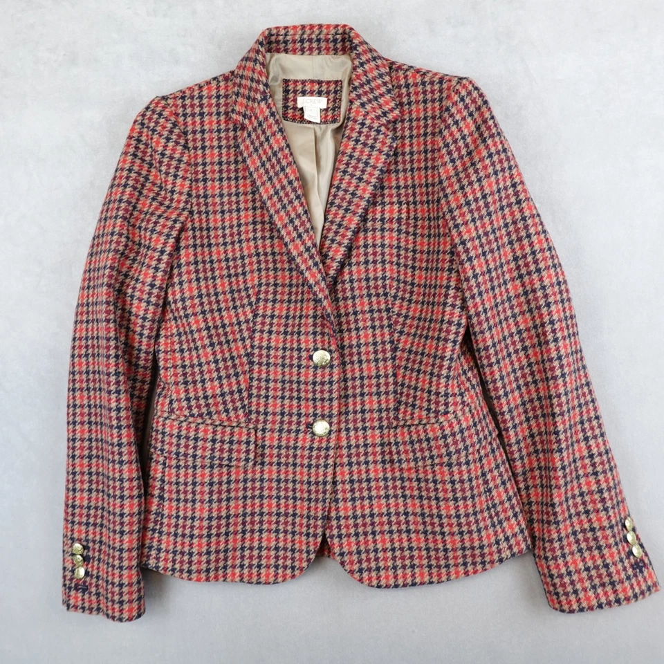 J Crew Schoolboy Blazer Hunter Houndstooth Patterned Wool Blend Gold Button Sz 0 - Image 1 of 4