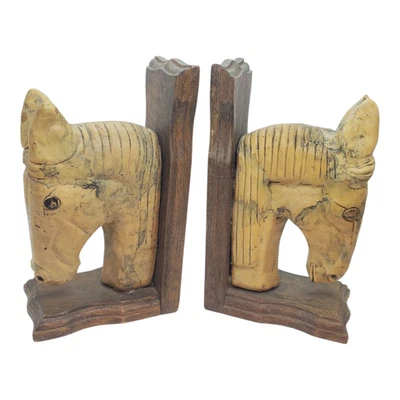Hand Carved Wood Horse Head Bookends Pair Rustic Equestrian Decor Western Home - Image 1 of 4