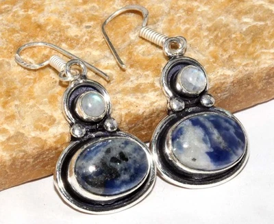 Trending Sodalite Rainbow Moonstone 925 Silver Plated Earrings 1.6" GW - Image 1 of 3