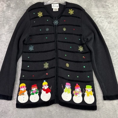 The Quacker Factory M Black Zip Up Cardigan Sweater Snowmen Sequin Snowflake VTG - Image 1 of 4