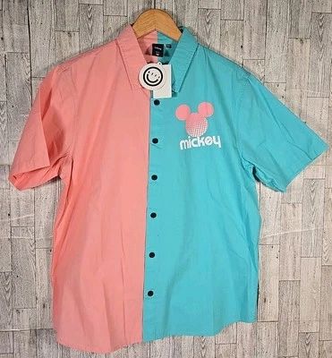 Camisa Neff Mickey Mouse M & L Abotonada Disney Coral Verde azulado Manga Corta NUEVA Foto 1 de 4