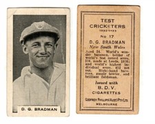 Godfrey Phillips Test Cricketers cricket card 1932 BDV back, #17 Don Bradman