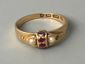 Antique 15ct Gold Ruby & Pearl Ring Size O Birmingham 1921 3g ACZX - Picture 1 of 4