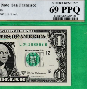PCGS 69 PPQ LUCKY 8s S/N 241-88888 $1 2017A Federal Reserve note Fr. 3005-L - Picture 1 of 3