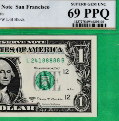 PCGS 69 PPQ LUCKY 8s  S/N 241-88888  $1  2017A  Federal Reserve note Fr. 3005-L - Image 1 of 3