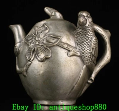 Estatua bandera tetera loro plateado bronce dinastía china de 5,9"" Foto 1 de 4