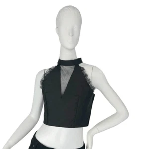 N12H Yoko Top in Black Satin , Mesh & Lace Sleeveless Halter Crop Top Size Small - Picture 1 of 8