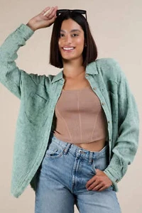 Mineral Washed Gauze Oversized Button Down Shirt with Pockets - Picture 1 of 7