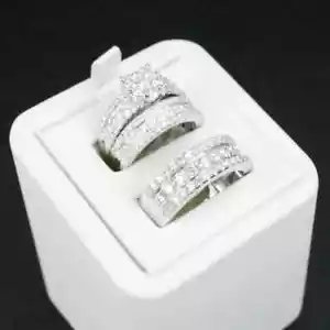 14K White Gold Lab-Created Diamond Wedding Trio His Her Bridal Band Ring Set - Picture 1 of 5