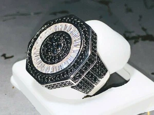 Pinky Mens Octagon Baguette Ring Black CZ Bling 14k White Gold Finish sizes 6-10 - Picture 1 of 9