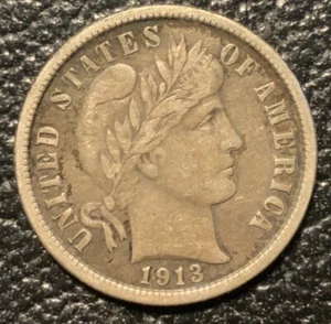 Moneda de diez centavos de barbero 1913 10C con error de sello de fecha - Imagen 1 de 4