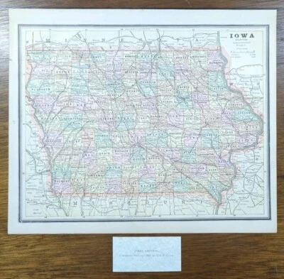 Mapa IOWA de colección 1887 13"x11" antiguo original DES MOINES IOWA CITY WATERLOO Foto 1 de 4