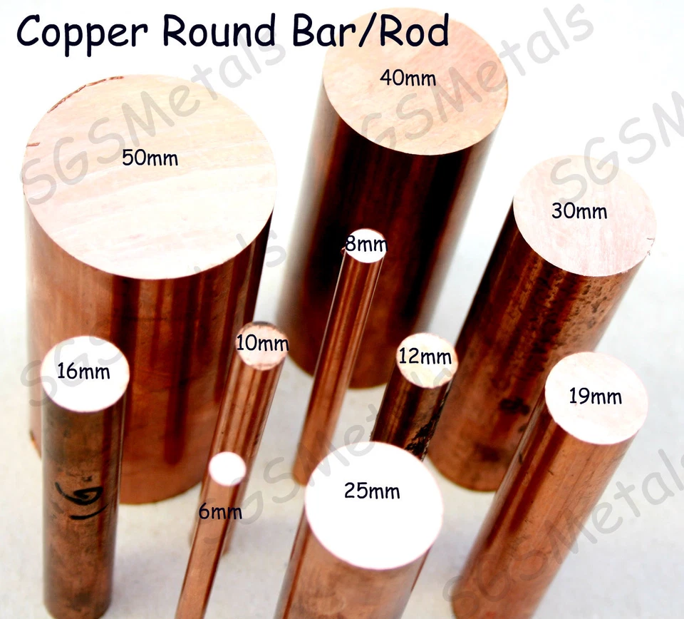 Copper ROUND Bar Rod C101 - 6, 8, 10, 12, 16, 19, 25, 30, 40 & 50mm Diameter