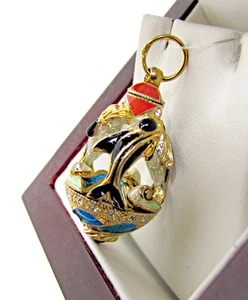 COLGANTE DE HUEVO DE PLATA ESTERLINA SÓLIDA 925 Y ORO 24K HECHO ÚNICO EN SU TIPO CON DELFINES - Imagen 1 de 6