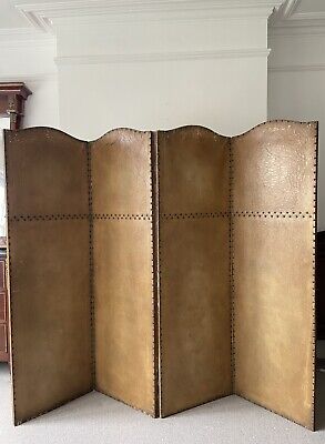 A Dome Top 4 Panel Tan Leather Studded Screen Circa 1900 175cm Tall, 216cm Wide • 320£