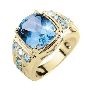 Natural Blue Topaz Gemstone with Gold Plated 925 Sterling Silver Men's Ring #520 - Picture 1 of 3