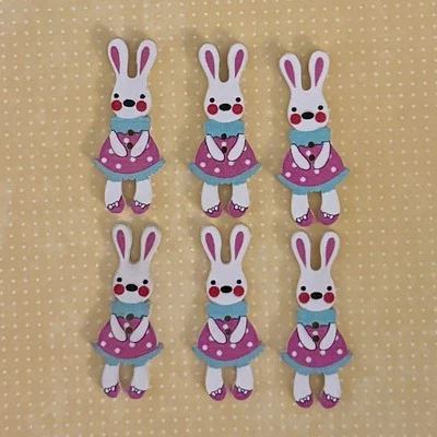 Wood buttons Bunny Rabbit for Sewing Jewelry Charms Cute Set Of 6 Pink Dress - Image 1 of 4