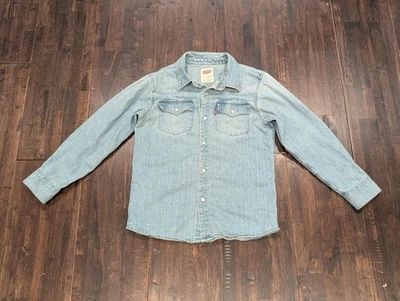Levis Denim Shirt Youth Medium Blue Snap Western Pearl Snap Pockets Long Sleeve - Image 1 of 4