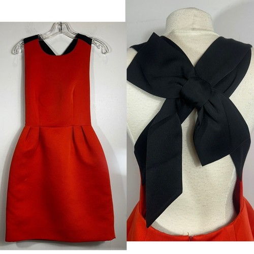 Abito da cocktail Kate Spade rosso in raso tubino con dettaglio fiocco nero taglia 4