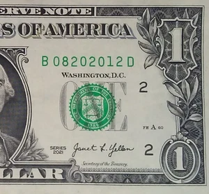 AUGUST 20th 2012 Birthday Anniversary Date Note One Dollar Series 2021 - Picture 1 of 3