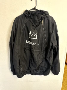 Basquiat Members Only Jacket L Black Hooded Windbreaker Crown Dino Art Size Larg - Picture 1 of 16