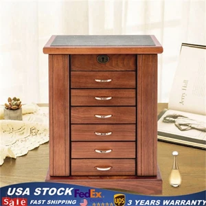 7 Layers Jewelry Box Large Wooden Organizer Box with Mirror Safe Lock for Women - Picture 1 of 16