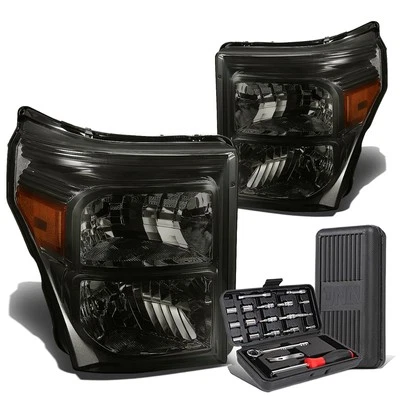 For 2011-2016 Ford Super Duty Pair Smoked/Amber Corner Headlight Lamps+Tool Box - Image 1 of 4