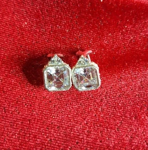Judith Ripka CZ 925 Silver Clip On Earrings Square Step Cut Ornate Thailand - Picture 1 of 9