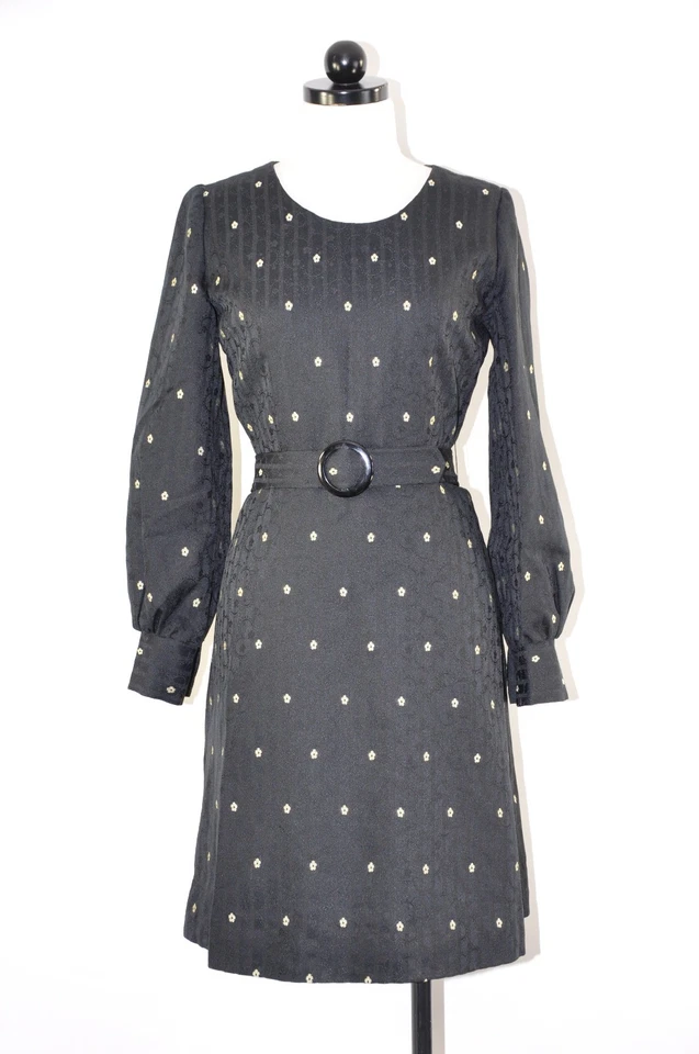 60s Vintage Black Floral Damask Jacquard Poet Sleeve Belted Shift Dress Women S - Image 1 of 4
