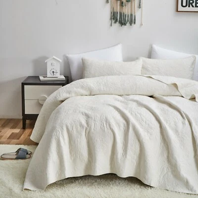 Tache Cotton Ivory White Floral Damask Matelassé Quilted Coverlet Bedspread Set - Image 1 of 4