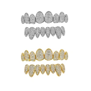 14K Gold Plated CZ Teeth Grillz Hip Hop Top Bottom Mouth Silver Grill Set Custom - Picture 1 of 128