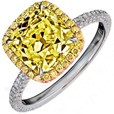Elegante anillo de compromiso amarillo de 3,50 quilates con diamantes talla cojín de oro de 18 k certificado por GIA Foto 1 de 4